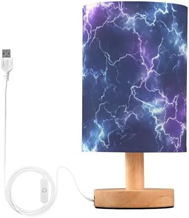 Bedside Lamp Dark Blue Purple Lightning Table Lamp for Bedroom LED Nightstand Lamp Shade USB Ports Wood Base for Living Room Dorm Office