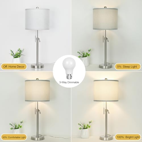 Qingmiao Table Lamps for Bedrooms Set of 2, 22" to 30" Height Adjustable Nightstand Lamps with Linen Shade, Pull Chain Switch Lamps for Living Room, 3 Way Dimmable Bedside Lamp