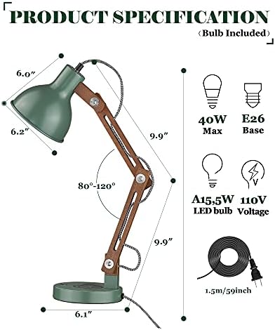 ELYONA LED Desk Lamp with Wireless Charger, Sapele Wood Reading Light with USB C Charging Port, Swing Arm Table Lamp for Home Office, College Dorm, Bedroom Living Room, Bulb Included, Vintage Green