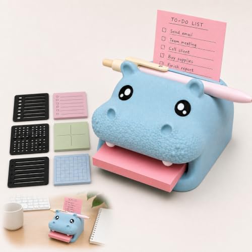 Note Toad Desk Organizer Sticky Note Holder – Frog Shaped Sticky Note Stencil and Holder with 3 Writing Guides, Creative Sticky Note Dispenser for Desk，Blue Hippo