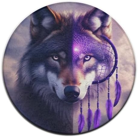 Soft Round Yoga Carpet, Office Chair Decor Round Mat for Carpet and Hardwood Floors Dream Catcher Wolf