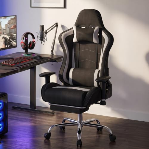LUCKRACER Gaming Chair High Back Ergonomic Computer Chair with Breathable Fabric, with Lumbar Support, 8-Way Adjustable Armrests, Integrated Frame for Office Study Gaming, Light Gray