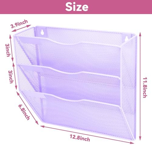 3 Pockets Mesh Wall File Holder Organizer Office Hanging File Folder Magazine Rack, Nametag Label Hooks Set Included (Purple)