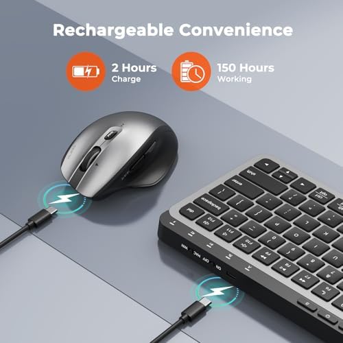 MEETION Wireless Ergonomic Keyboard and Mouse, Split Curved Bluetooth & 2.4G Keyboard Mouse Set, Cushioned Palm Rest, Full-Size, 4-Level DPI Adjustable Mouse (Black)