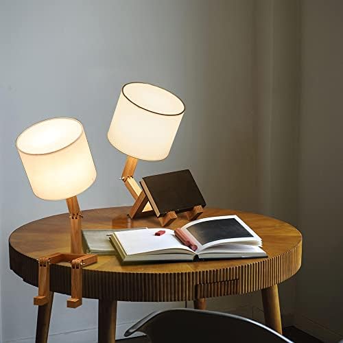 Robot Desk Lamp Set of 2, Creative Bedside Lamp for Bedroom,Wooden Lamp Body Adjustable,DIY E26 Living Room Table Lamps with Fabric Shade,Modern Indoor Decorative Lighting, TB-QBT005-WHM2