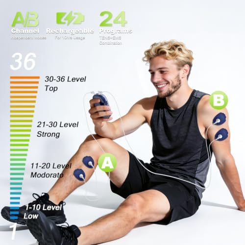 CESLIFF Dual Channel TENS EMS Unit Large Screen 24 Modes 36 Levels Intensity Muscle Stimulator, Rechargeable Electric Pulse Massager TENS Machine for Lower Back Neck Shoulder Pain Relief with 10 Pads