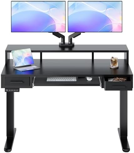 HUANUO 48″ X 26″ Electric Standing Desk with 2 Drawers &24.4″ Large Keyboard Tray, C-Clamp Mount Compatible, Adjustable Computer Desk for Office, Sit Stand Up Desk with 4 Height Presets, Black