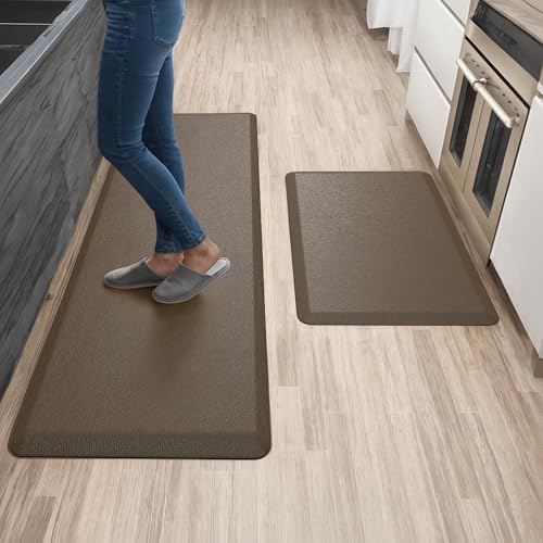 Anti Fatigue Kitchen Mats for Floor | Padded Kitchen Rugs | Non Slip, Cushioned Standing Desk Mat | Waterproof Floor Mat | 17.3" x 28" x 0.47" & 17.3" x 59" x 0.47", Brown, 2-Pack | More Décor