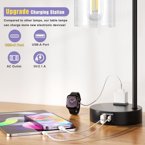 Industrial Touch Table Lamps for Bedrooms Set of 2 - 3-Way Dimmable Lamps with USB C+A Ports and Outlet, Black Bedside Lamps with Seeded Clear Glass Shade for Living Room, Desk Lamps for Home Office