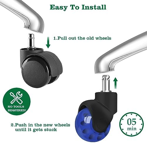 Office Chair Wheels Replacement 2 Inch Rubber Ball Caster Wheels for Wood Floor Carpet Mats, Set of 5, Heavy Duty Desk & Gaming Chair Casters 7/16" (11mm) Grip Ring Stem, Quiet Smooth Rolling (Blue)