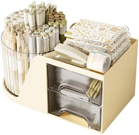 Rotation Pen Holder for Desk Cute Pencil Cup Pot Desktop Organizer and Accessories for Girls Kids Makeup Brush Holder (Beige)
