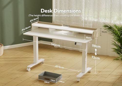 Claiks Standing Desk with Drawers & Wheels, 2 Height Shelf 55" White