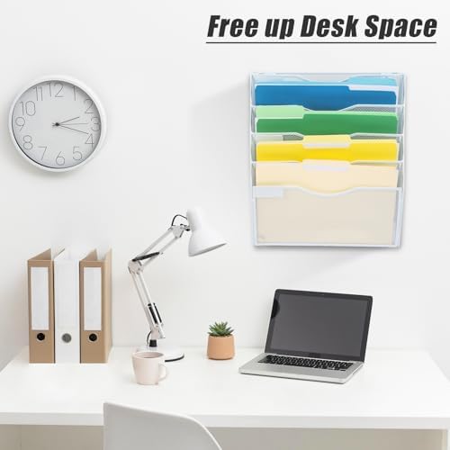 EASEPRES 5 Pocket Mesh Hanging Wall File Organizer, Wall Mounted Mail Paper Document Folder Holder, Clipboard Storage Organization Magazine Rack with Nametag Label for Office Home School, White
