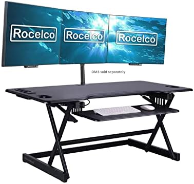 Rocelco 46" Height Adjustable Standing Desk Converter - Desktop AC USB Charger - Sit Stand Up Triple Monitor Riser - Tall Computer Workstation - Retractable Keyboard Tray - Black (R DADRB-46-ACUSB)