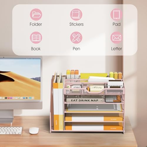 5 Tier Paper Letter Tray Desk Organizer with Pen Holders - Pink