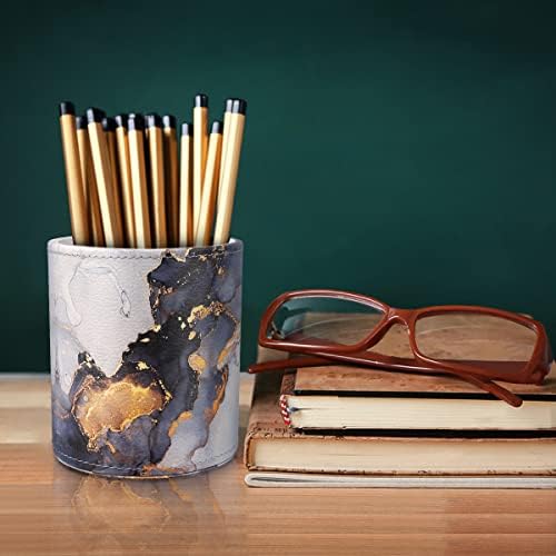 Round Leather Pen Holder for Desk, Gold Marble