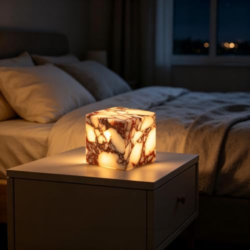 Natural Marble Lamp Cordless Pat Control Night Light Rechargeable Small Marble Table Lamp, Dimming Warm Glow Portable Stone Touch Lamp for Bedroom, Living Room, Decor Gift (Cube-Calacatta Purple)