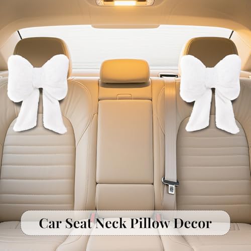 2 Pack Bow Car Headrest Pillows Plush Car Neck Pillows for Travel Driving Office Chair Head Support Cushions, Also Cute Car Decor Accessories (White)