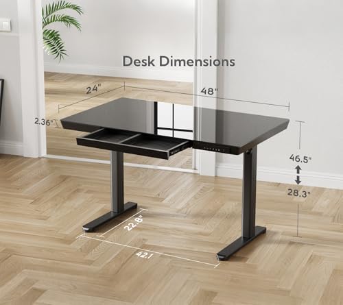 INNOVAR Glass Standing Desk with Drawers & USB Ports,48 inch Whole-Piece Glass Top Adjustable Height Desks, Quick-Install Electric Sit-Stand Up Desk for Home Office & Computer Workstation, Black