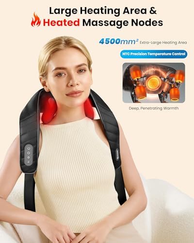 COMFIER Cordless Neck and Shoulder Massager with Heat, Wearable 4D Shiatsu Deep Tissue Kneading for Desk Workers and Drivers, Hands-Free Straps, FSA Eligible HSA Gift,Midnight Black