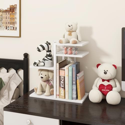 ELITEROO Desk Bookshelf, 4 Tier Wood Desktop Bookshelf, Adjustable Table Top Book Shelf and Storage Rack for Office Supplies, Dorm, Home Office, White