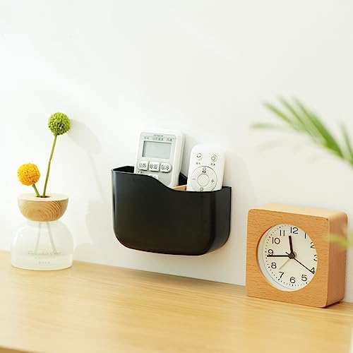 SUNFICON Adhesive Remote Control Holder Wall Mount Media Player Controller Holder Universal TV Remote Organizer Caddy Box Tray Hollow Bottom Slot Easy Phone Charging Home Office Desk Nightstand Black