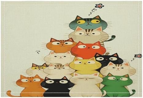 Colorful Cats Stack Linen Placemats Set of 2PCS, Heat Resistant Non-Slip Washable Table Placemats for Dining Everyday Use Hotel Banquet Home Decor