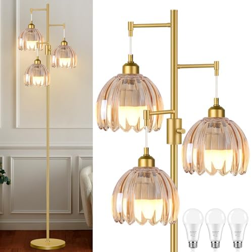 ZECOXOL Gold Floor Lamps for Living Room 3 Lights Floor Lamp with Glass Lampshape & Three Led Bulb,Mid Century Standing Lamp