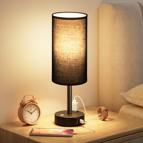 Black Touch Bedside Lamp for Bedroom, Stepless Dimmable, USB A+C, AC Outlet