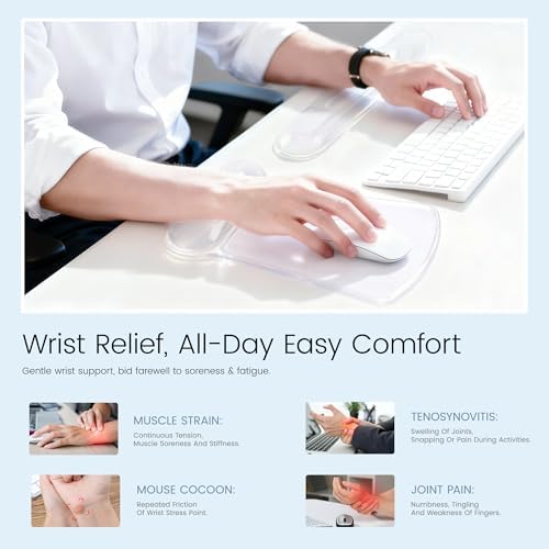 Ospelelf Clear Mouse Pad with Wrist Rest and Ergonomic Gel Keyboard Hand Wrist Set, Support for Typing Gaming, Relieve Wrist Pain, Cool & Easy to Clean, for Office, Programmer, Home Computer Use