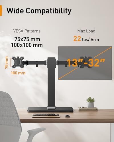 Perlegear Dual Monitor Stand with Power Strip, Freestanding Computer Monitor Stand for 2 Screens up to 32 Inch, Monitor Stand Riser with Glass Base and Adjustable Arms, Holds 22 lbs per Arm, PGTVS41B