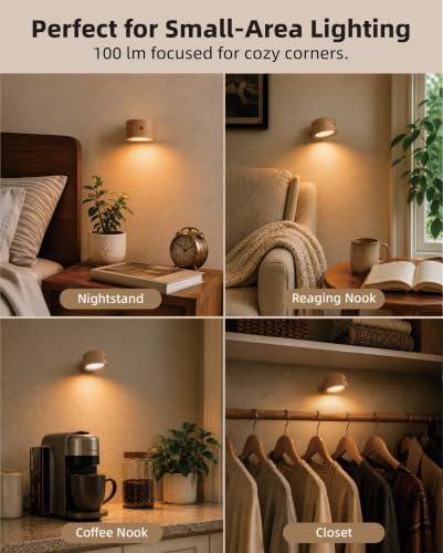 Wall Lights, Rechargeable Magnetic Wall Sconce with Remote, Wood Grain-2Pcs