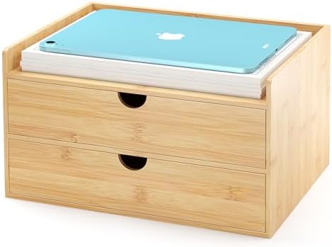 Wisuce Bamboo Desk Drawer Organizer, 2 Drawer Desktop Organizer with Drawers Tabletop Storage Organization Box for Office Home Toiletries Supplies Vanity, No Assembly Required