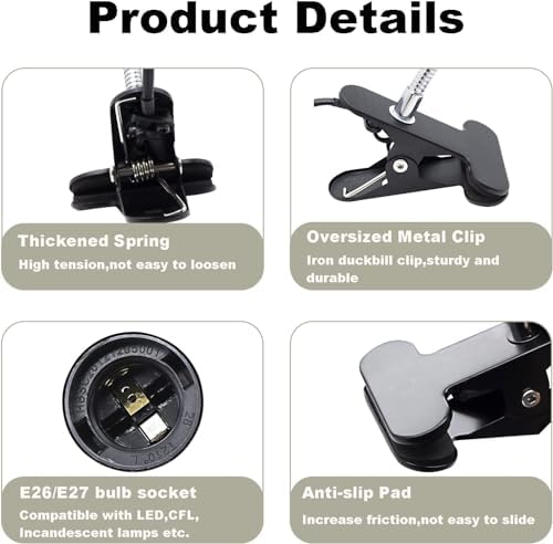 Clip Desk Lamp Socket 2 Pack Flexible Gooseneck Lamp Stand Clip-On with Switch Plugs Clip on Light with Flexible Neck Portable Clip on Light Metal Clip Holder Desk Study Clamp Lamp