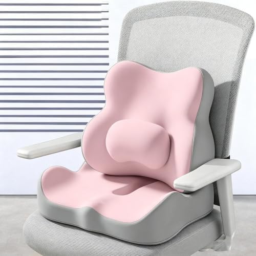 Ergonomic Memory Foam Chair Cushion Set, Seat Cushion with Lumbar Back Pillow for Long Sitting, Tailbone & Lower Back Pressure Relief for Office Home Desk Chair(Pink)