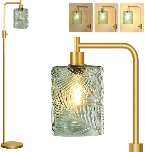 【Upgraded】 Dimmable Floor Lamp for Living Room with Green Feather Glass Lampshade, Gold Modern Floor Lamp with 900LM LED Bulb Included, Arc Standing Tall Lamp for Bedroom, Office, Reading Room, Corner