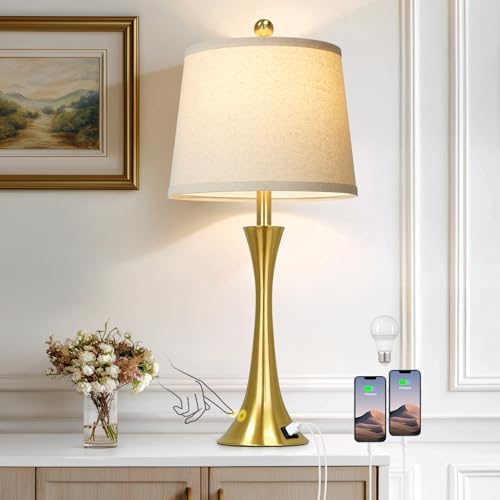 Rinweey 27.5" Gold Lamps for Living Room, Touch Control 3-Way Dimmable Bedside Nightstand Lamps Bedroom Lamp,Modern Gold Table Lamp with USB A+C Ports,Tall Lamps for Living Room End Table（1Pack）
