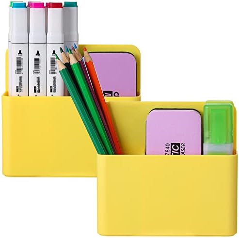 Mabrasse 2p Magnetic Dry Erase Marker Holder,Pen and Eraser Holder for Whiteboard, Magnet Pencil Cup Utility Storage Organizer for Office, Refrigerator, Locker and Metal Cabinets (Yellow)