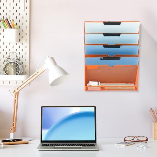 EASEPRES 6 Tier Mesh Hanging Wall File Organizer, Desk Vertical Mail Paper Document Folder Holder Rack with Bottom Tray and Nametag Label for Office Home School, Orange