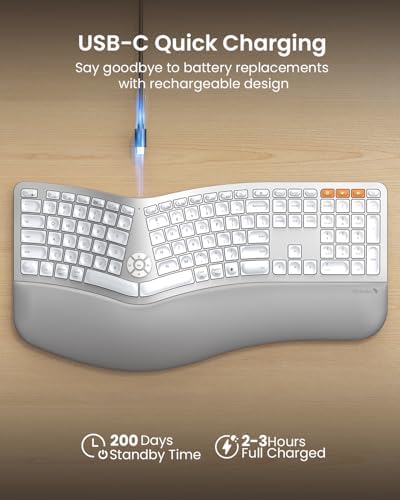 ProtoArc EK01 Plus Backlit Bluetooth Ergonomic Keyboard, White Silver