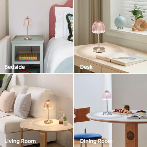 Shenmoyl Tulip Table Lamp with 5200mAh Battery & Touch Control, Cordless Small Table Lamp with 3 Colors, Dimmable Rechargeable Table Lamps for Living Room, Bedroom, Desk, Bedside (Clear Pink Tulip)