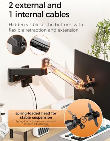 suptek Single Long Arm Monitor Wall Mount for 17 to 35 Inch Screens, Gas Spring Monitor Arm Wall Mount Holds Up to 11KG/24lbs, Full Motion Adjustable,VESA Mount 75x75/100x100mm(WMX3)