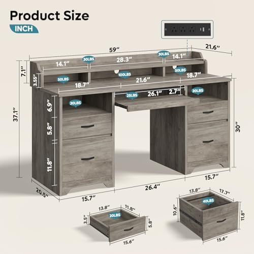 Bestier 59" Executive Desk with Charging Station & Monitor Stand, Grey