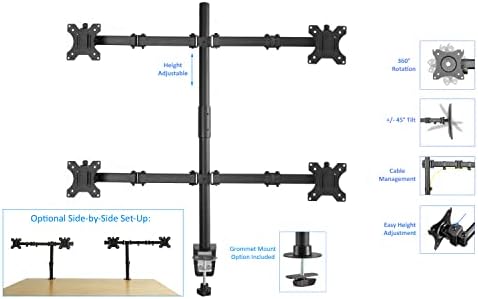 Rocelco Premium Quad Monitor Desk Mount - Standard Pattern Fits Four 13" - 27" LED LCD Flat Computer Screen - Double Articulated Full Motion Adjustable Arms - Grommet and C Clamp - Black (R DM4)