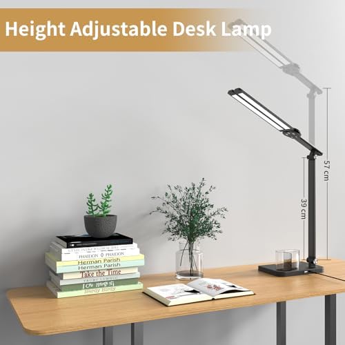 Woputne LED Desk Lamp Dual Heads, Dual USB Port, Height Adjustable, 15W