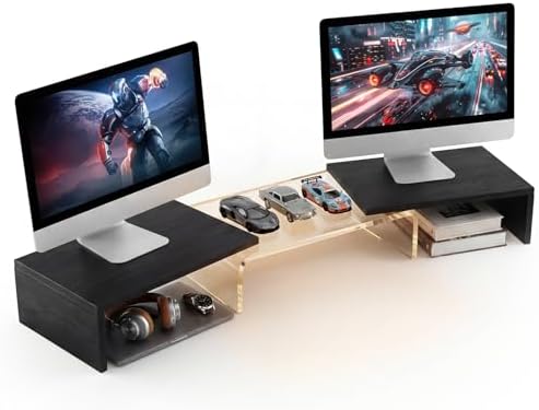 Dual Monitor Riser, Acrylic Monitor Riser, Adjustable Angle & Length Computer Monitor Stand, Wide Desk Shelf for Top of Desk for Home Office_Black Maple Look Small