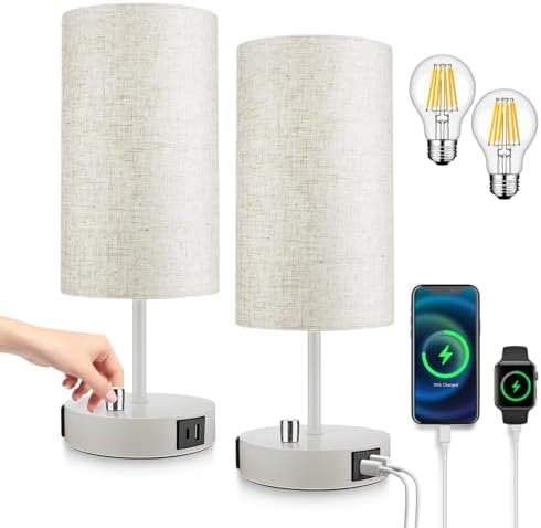 LTBLIGHT 2 Pack White Bedside Table Lamps with USB A+C Charging & AC Outlet
