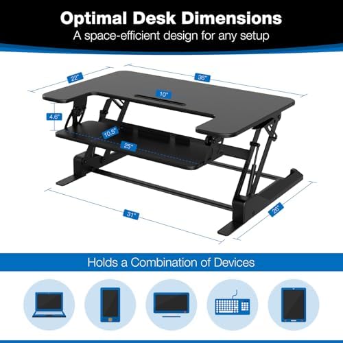 Mount-It! Standing Desk Converter - Height Adjustable Stand Up Desk with Gas Spring Riser - Wide 36 Inch Sit Stand Workstation Fits Dual Monitors – Black (MI-7926)