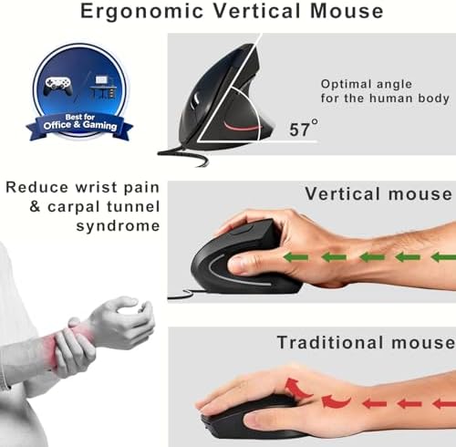 ROCK&ROWN Wired Ergonomic Mouse,Vertical Mouse with Nylon-Braided Cable,6 Buttons,6400 Adjustable DPI,Silent Mouse for PC,Mac,Laptop - Black