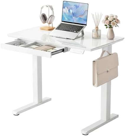 YDN Glass Standing Desk with Drawers 35x20 Inch Super White